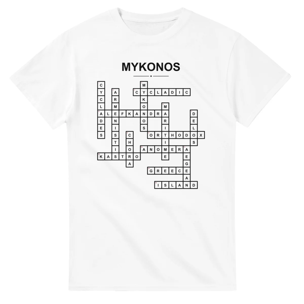 Monochrome crossword sheet for Mykonos, with a large place-name heading, a letter grid, and numbered across and down clues.