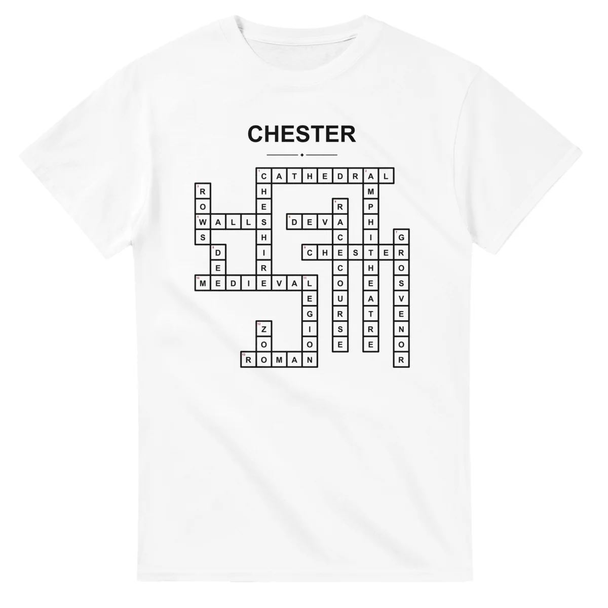 Monochrome crossword sheet for Chester, with a large place-name heading, a letter grid, and numbered across and down clues.