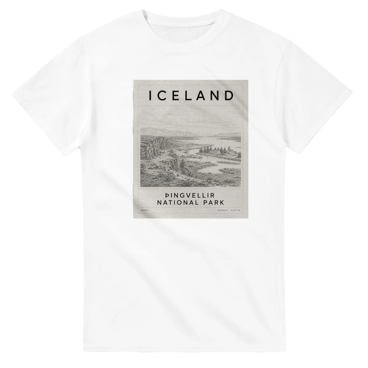 Fine-line engraving-style drawing for Iceland, with a landmark caption and small coordinate text.