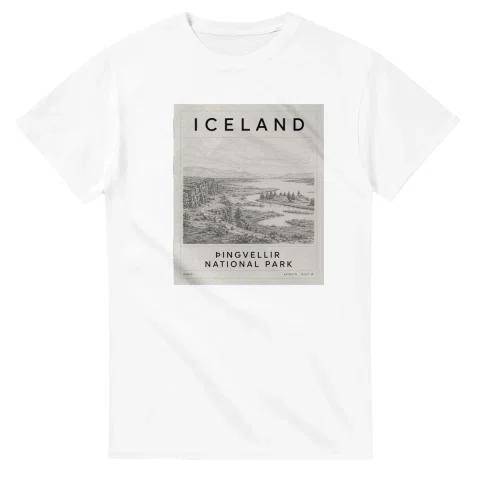 Fine-line engraving-style drawing for Iceland, with a landmark caption and small coordinate text.