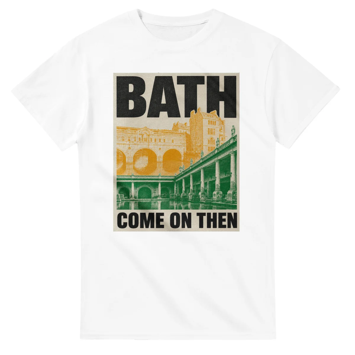 Two-colour scenic illustration for Bath, with the place name and COME ON THEN lettering.