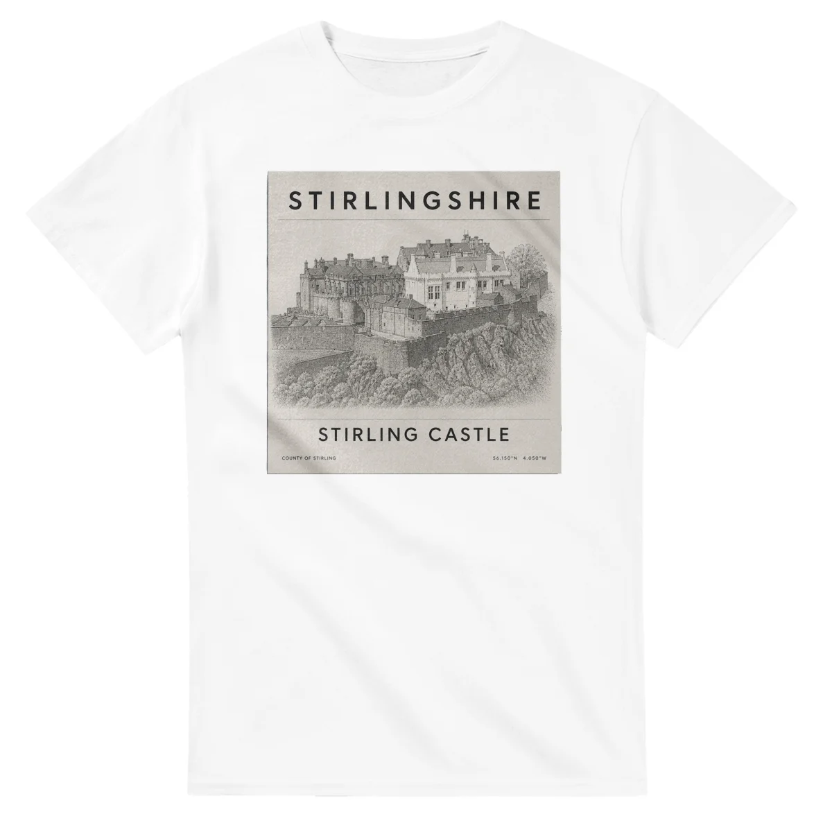 Fine-line engraving-style drawing for Stirlingshire, with a landmark caption and small coordinate text.