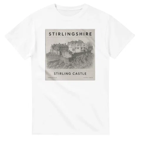 Fine-line engraving-style drawing for Stirlingshire, with a landmark caption and small coordinate text.