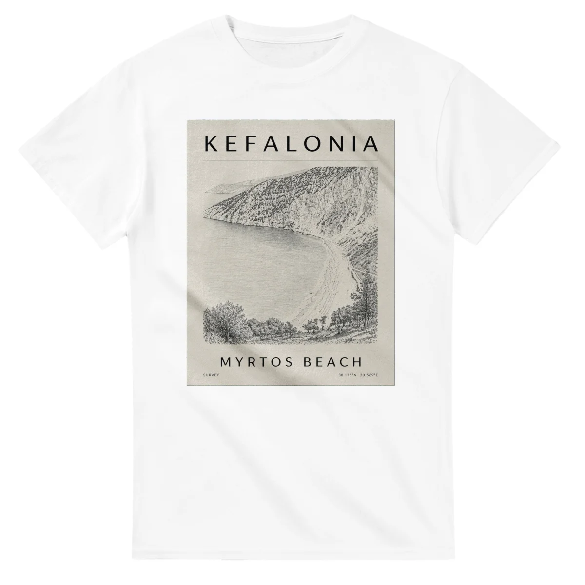 Fine-line engraving-style drawing for Kefalonia, with a landmark caption and small coordinate text.