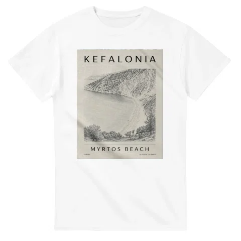 Fine-line engraving-style drawing for Kefalonia, with a landmark caption and small coordinate text.