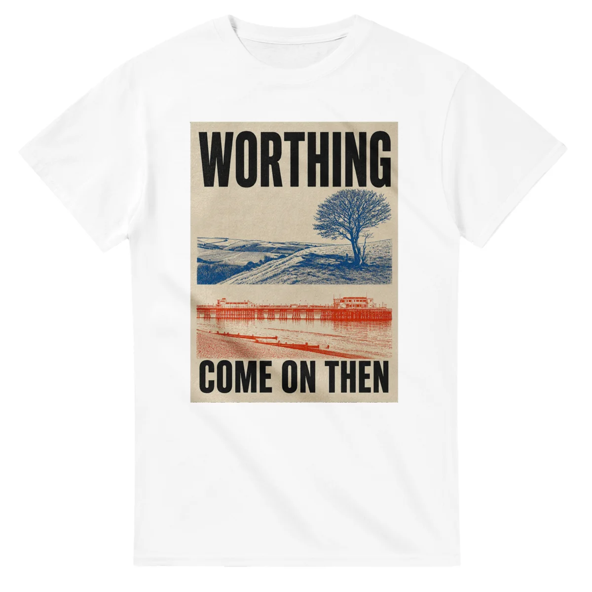 Two-colour scenic illustration for Worthing, with the place name and COME ON THEN lettering.