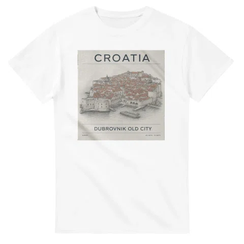 Fine-line engraving-style drawing for Croatia, with a landmark caption and small coordinate text.