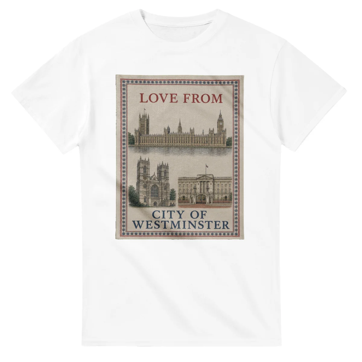 Framed scenic design for City of Westminster, with several local views, a decorative border and LOVE FROM lettering.