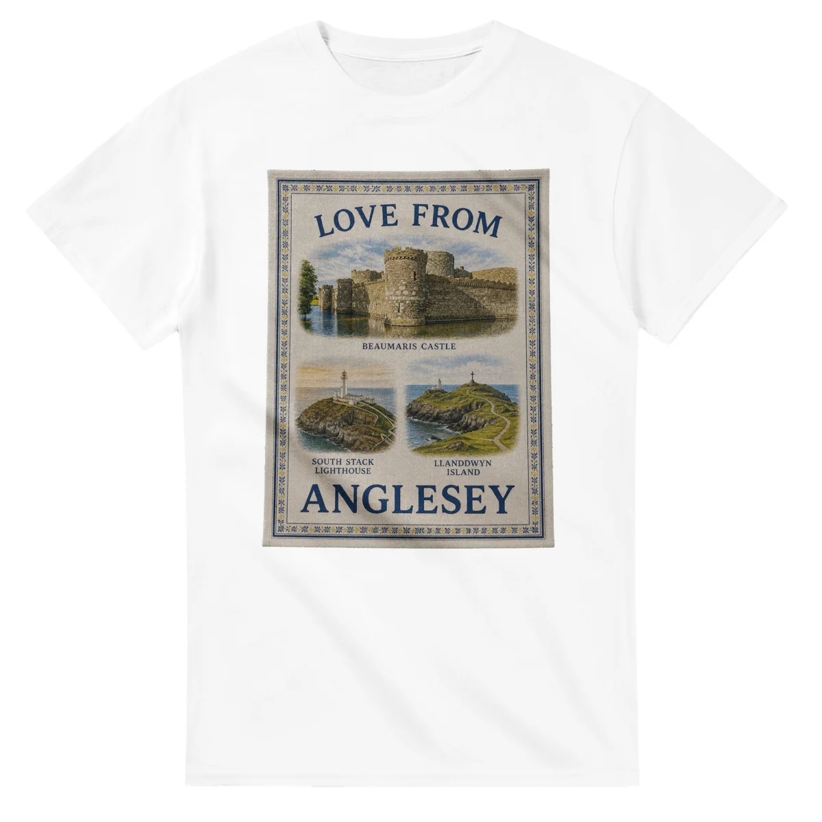 Framed scenic design for Anglesey, with several local views, a decorative border and LOVE FROM lettering.