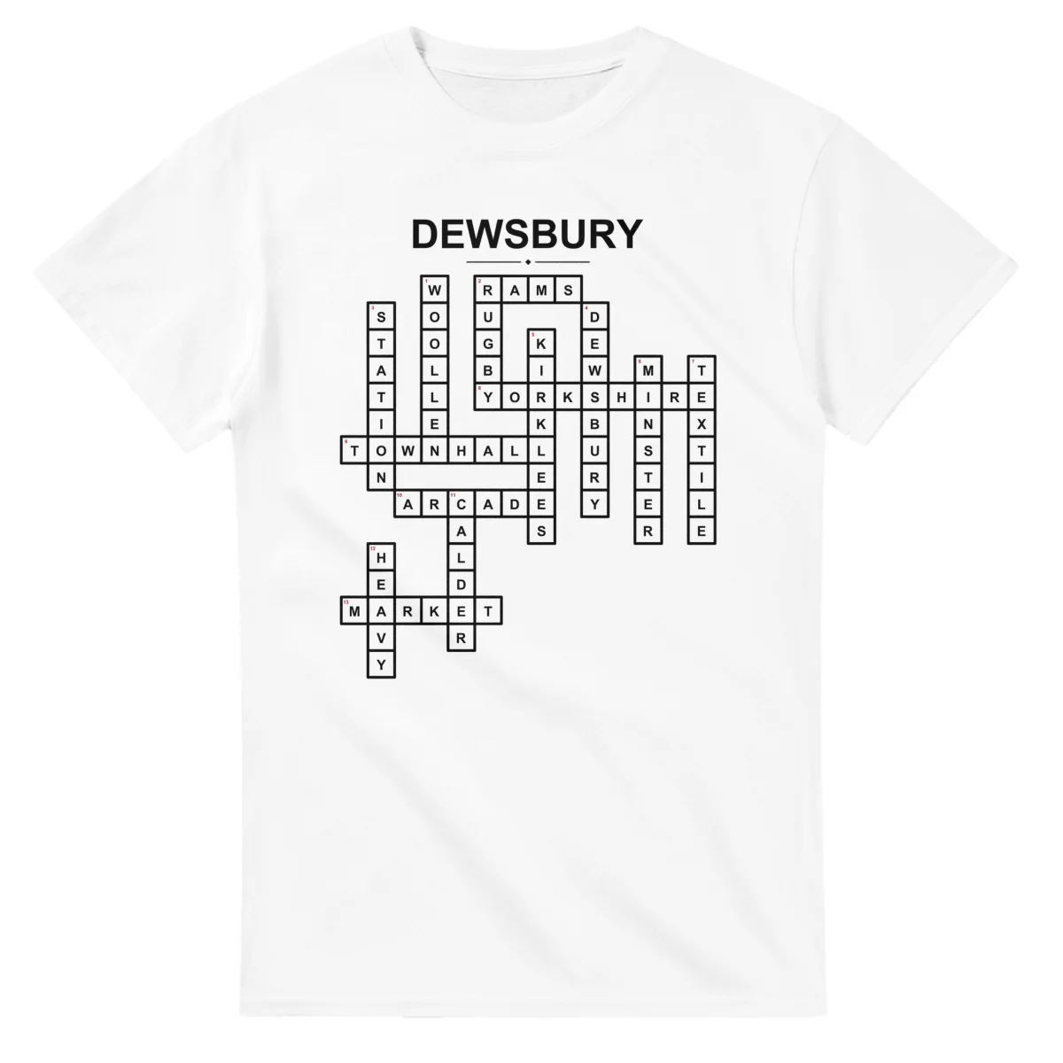 Monochrome crossword sheet for Dewsbury, with a large place-name heading, a letter grid, and numbered across and down clues.