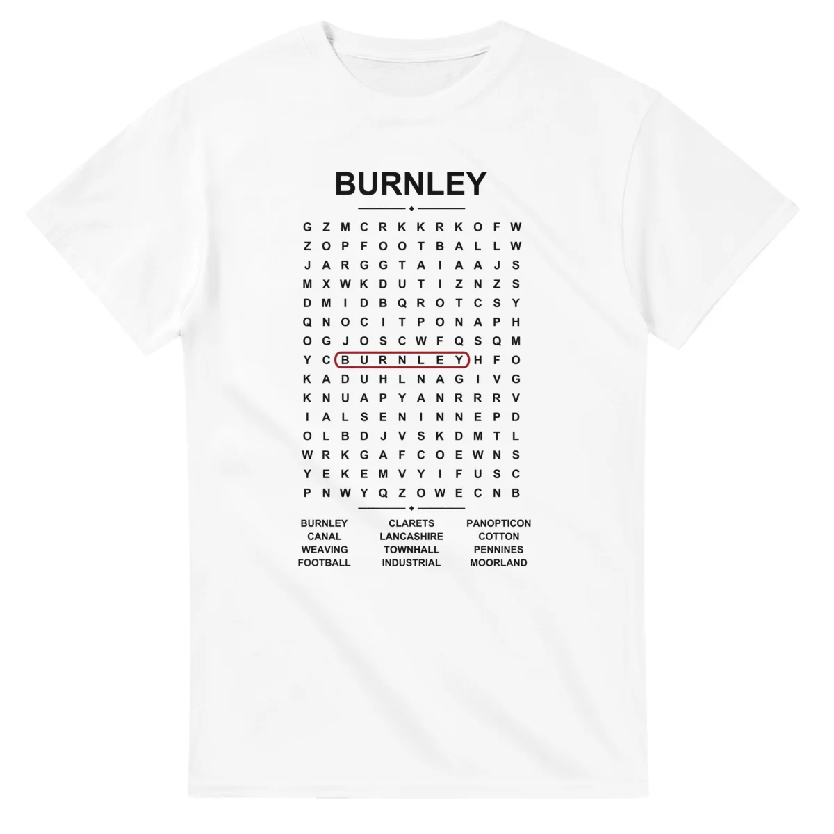 Word-search sheet for Burnley, with a large place-name heading, a letter grid, a local answer list, and a red highlighted example word.