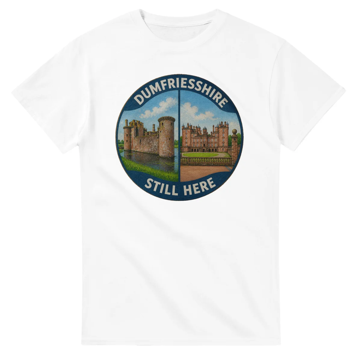 Painted, panelled scenic illustration for Dumfriesshire, with paired local scenes and the place name in lettering.