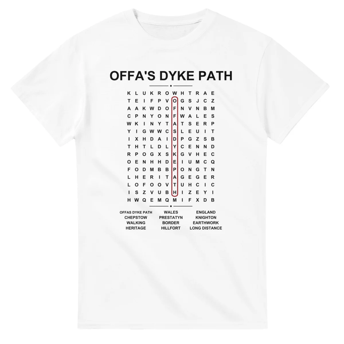 Word-search sheet for Offa's Dyke Path, with a large place-name heading, a letter grid, a local answer list, and a red highlighted example word.