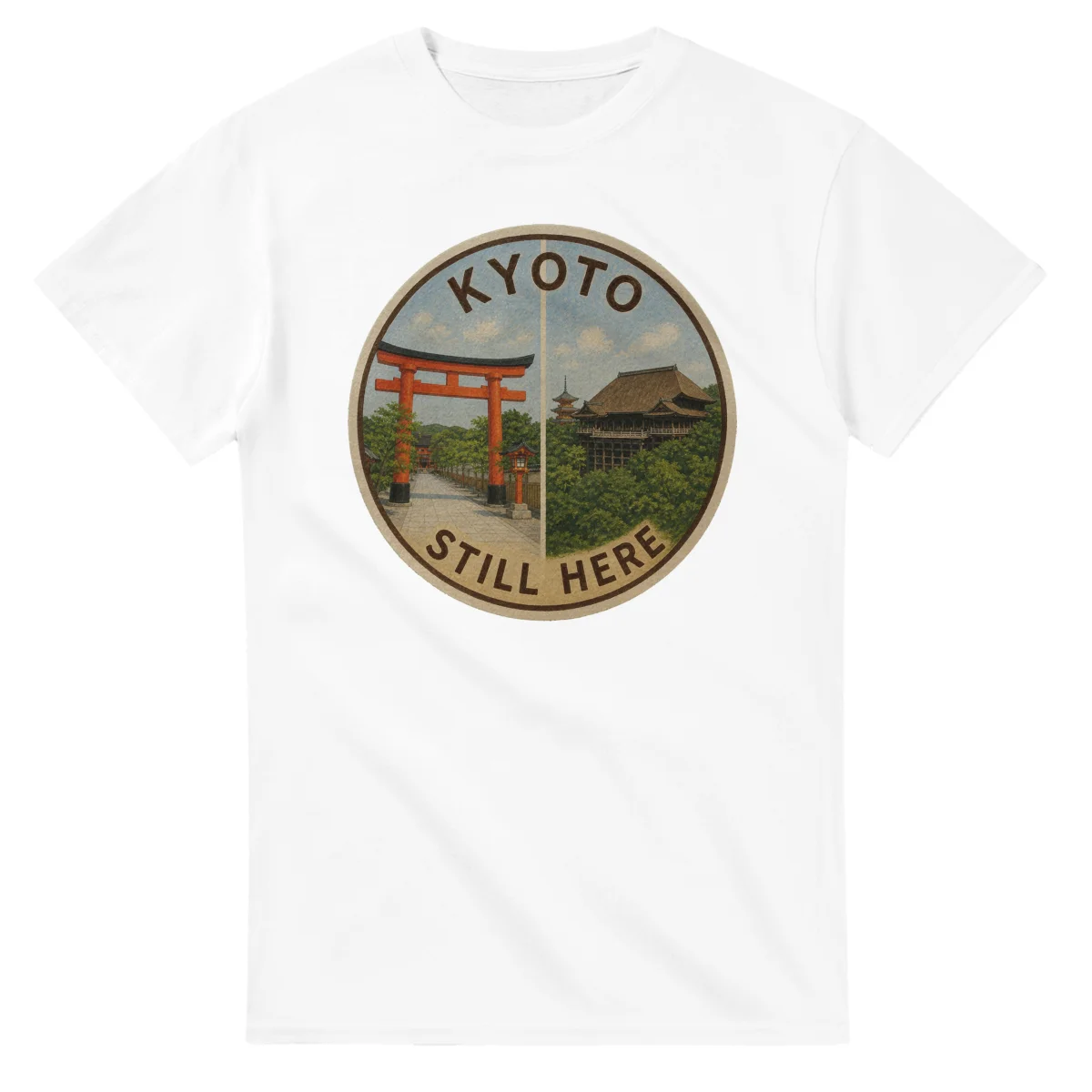 Painted, panelled scenic illustration for Kyoto, with paired local scenes and the place name in lettering.