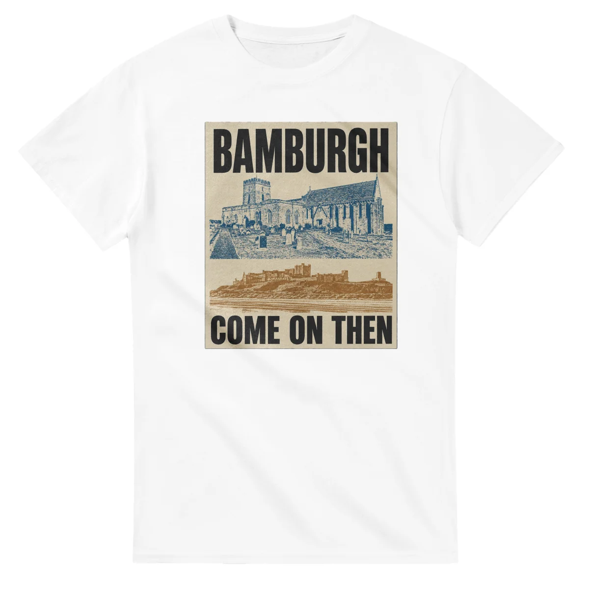 Two-colour scenic illustration for Bamburgh, with the place name and COME ON THEN lettering.