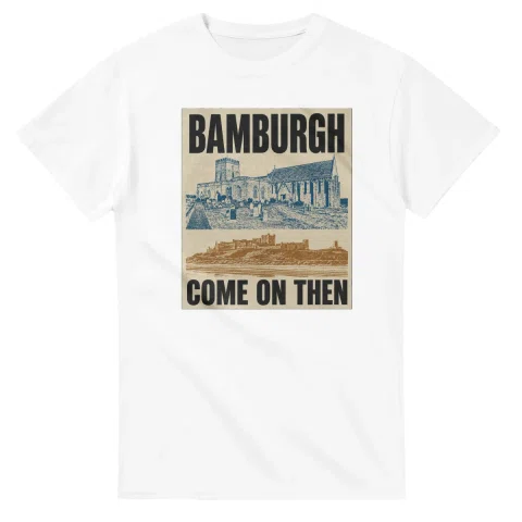 Two-colour scenic illustration for Bamburgh, with the place name and COME ON THEN lettering.