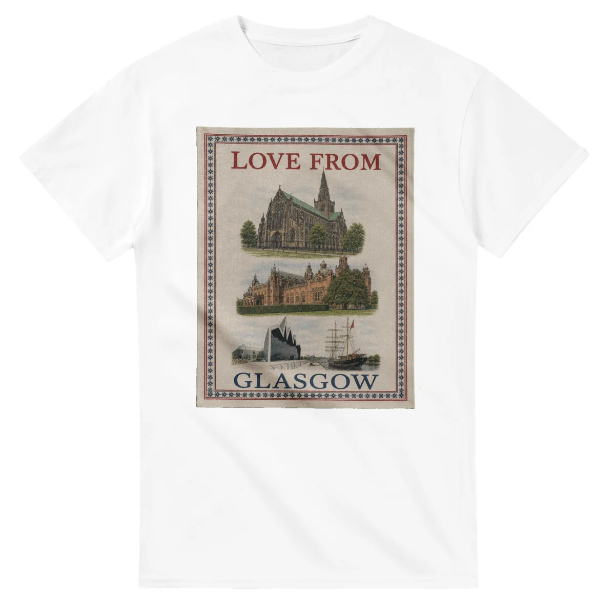 Framed scenic design for Glasgow, with several local views, a decorative border and LOVE FROM lettering.
