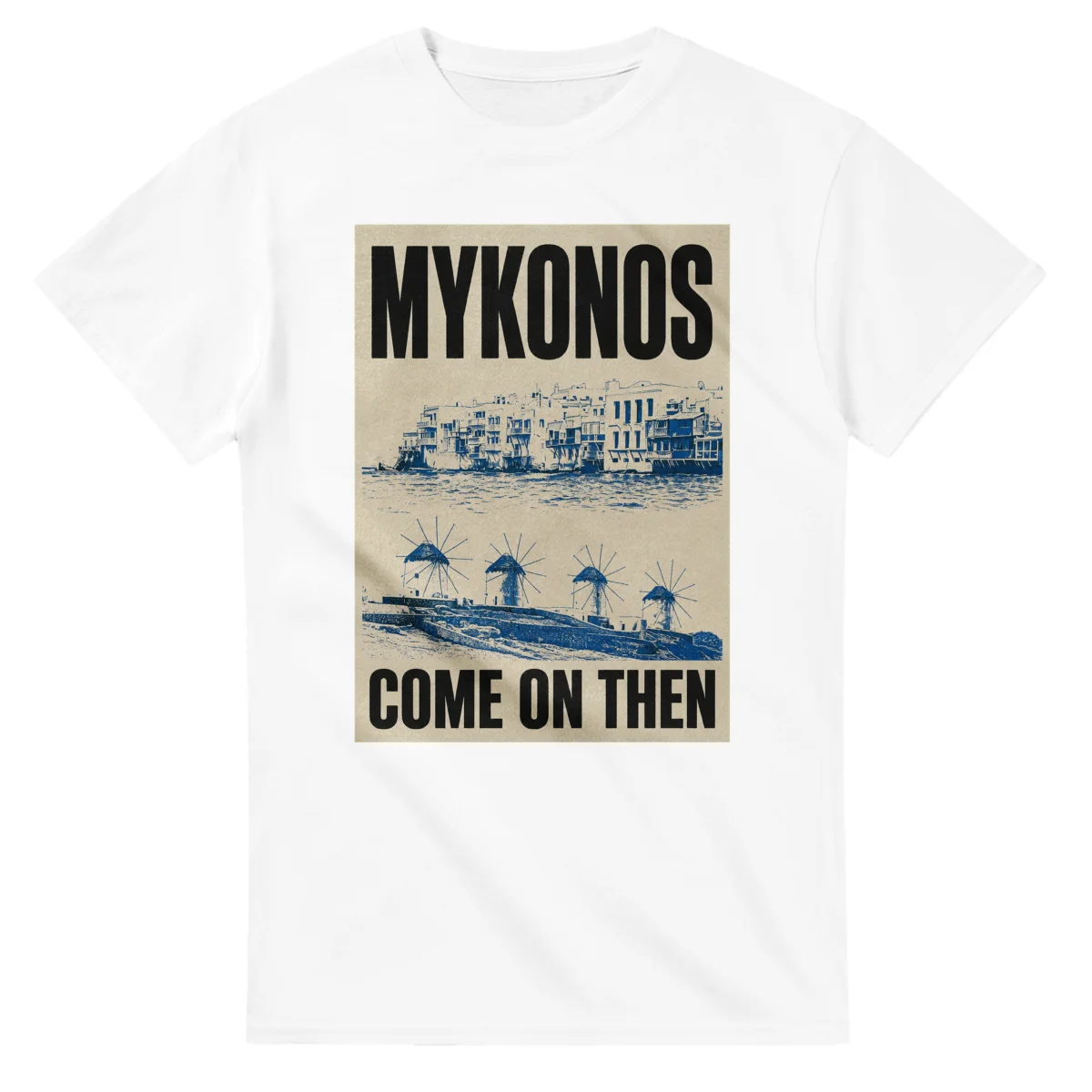 Two-colour scenic illustration for Mykonos, with the place name and COME ON THEN lettering.