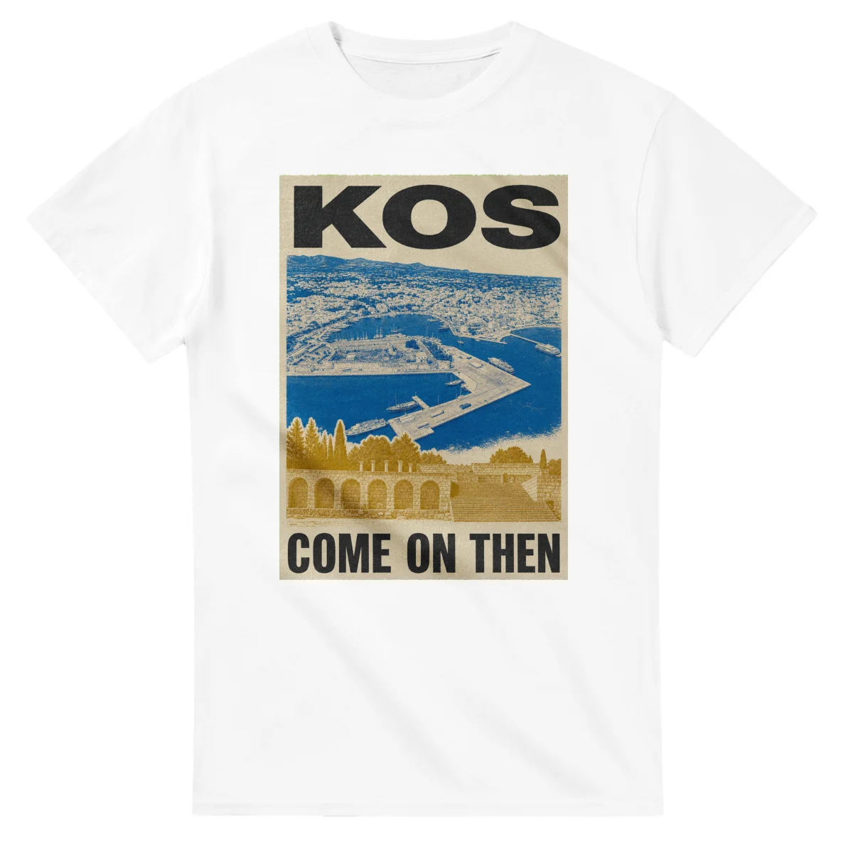 Two-colour scenic illustration for Kos, with the place name and COME ON THEN lettering.