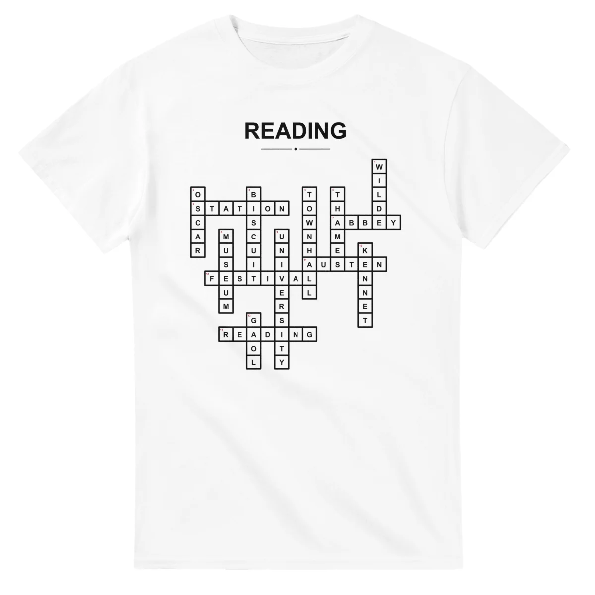 Monochrome crossword sheet for Reading, with a large place-name heading, a letter grid, and numbered across and down clues.