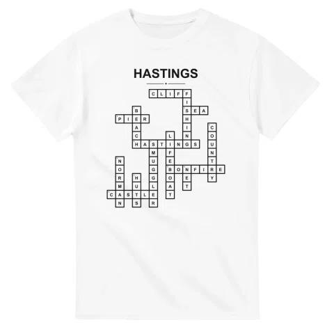 Monochrome crossword sheet for Hastings, with a large place-name heading, a letter grid, and numbered across and down clues.