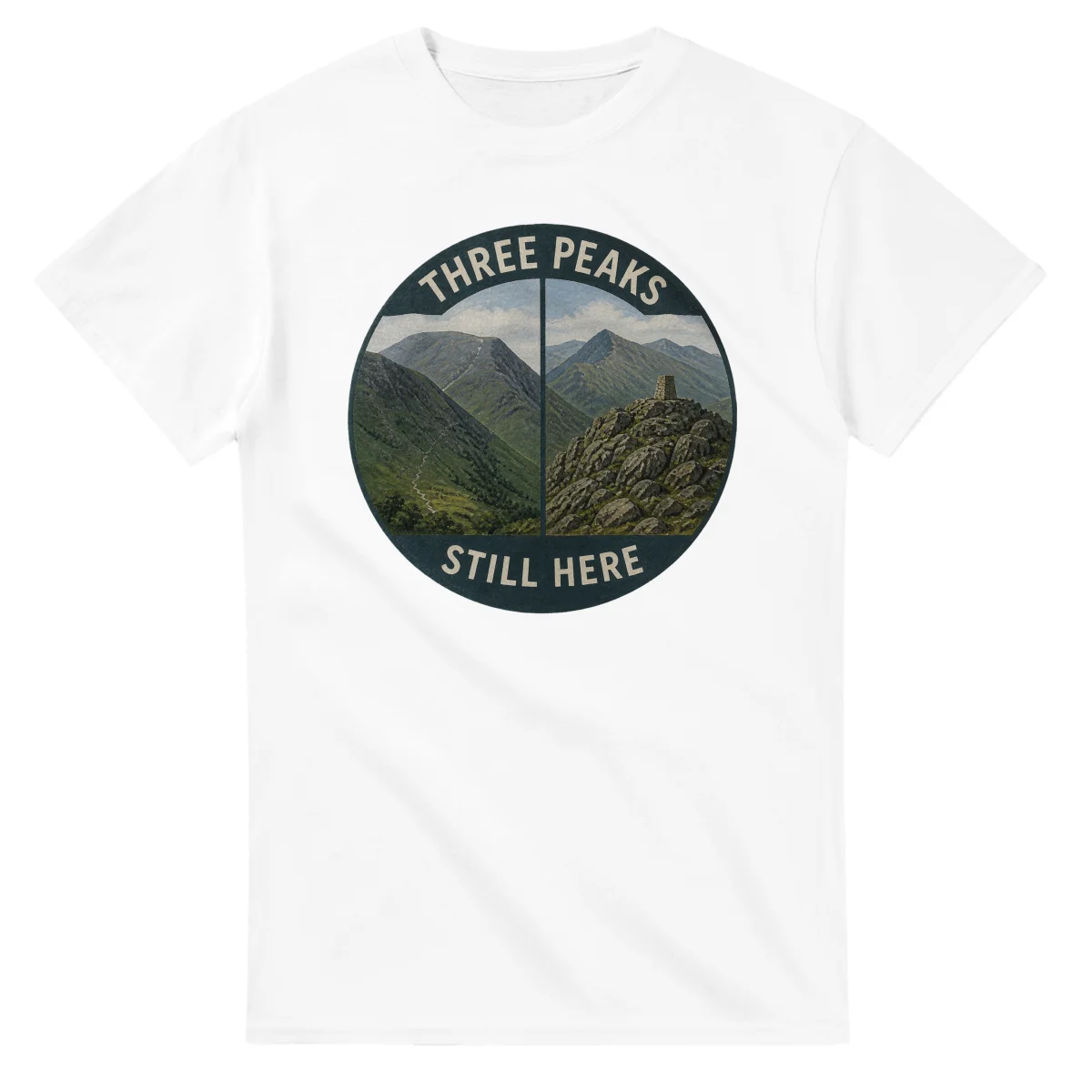 Painted, panelled scenic illustration for Three Peaks, with paired local scenes and the place name in lettering.