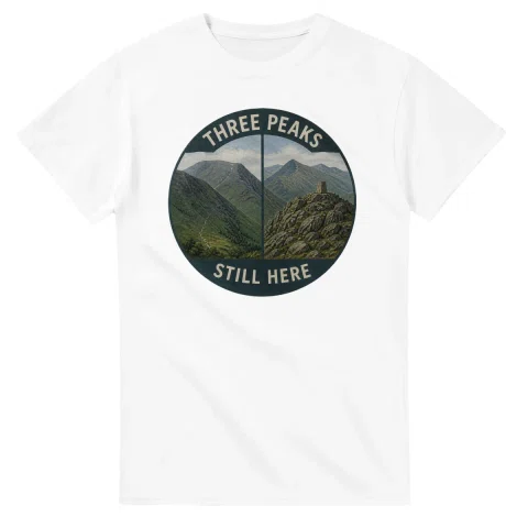 Painted, panelled scenic illustration for Three Peaks, with paired local scenes and the place name in lettering.