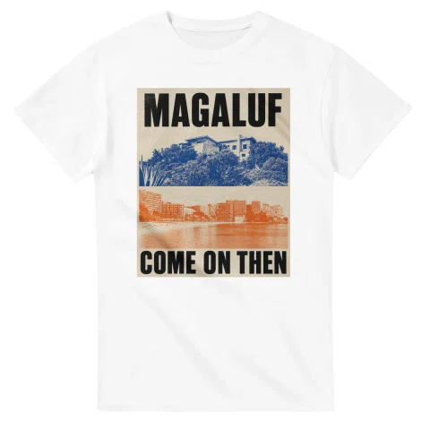 Two-colour scenic illustration for Magaluf, with the place name and COME ON THEN lettering.