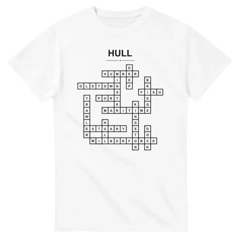 Monochrome crossword sheet for Hull, with a large place-name heading, a letter grid, and numbered across and down clues.