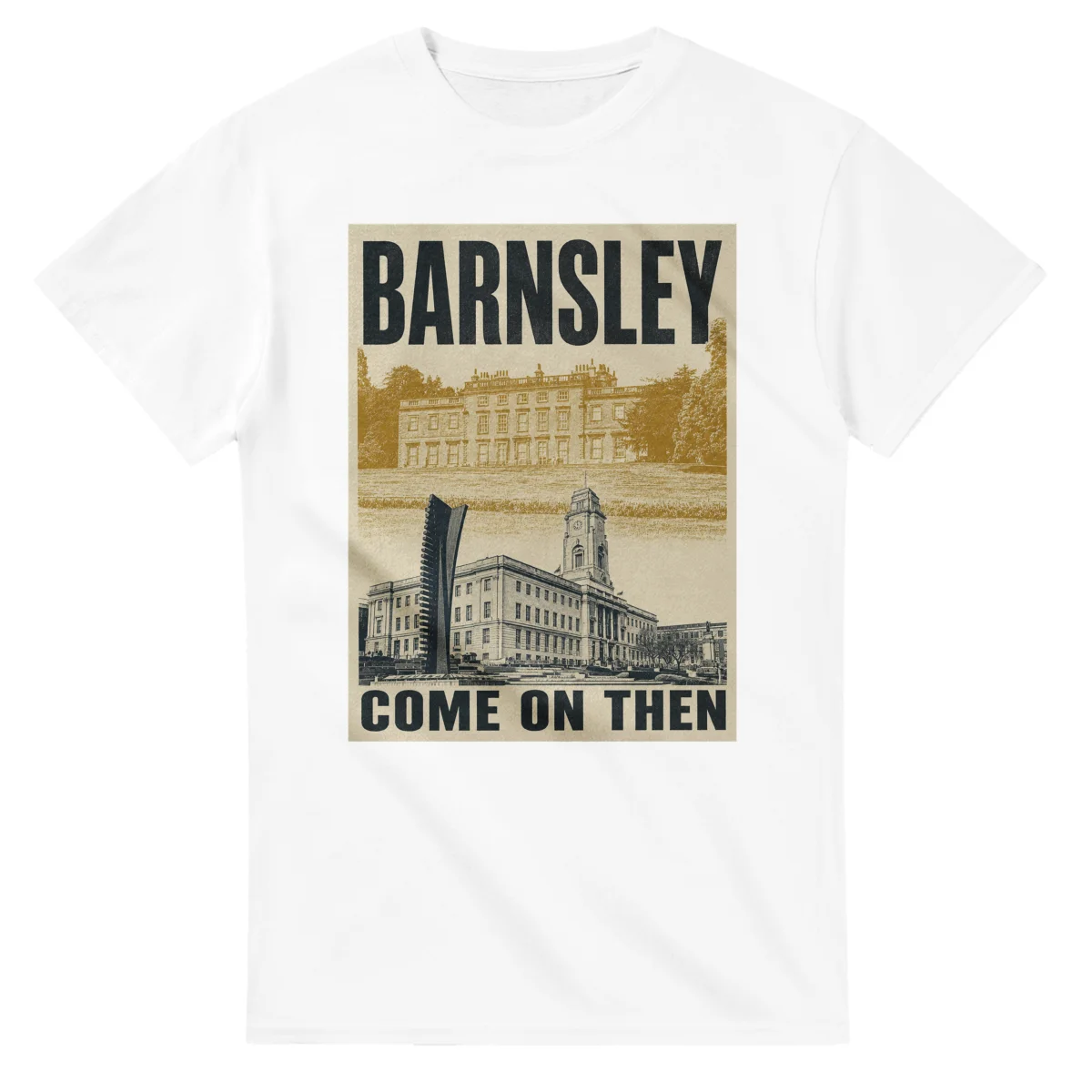 Two-colour scenic illustration for Barnsley, with the place name and COME ON THEN lettering.