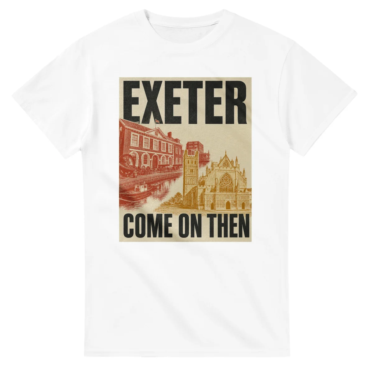 Two-colour scenic illustration for Exeter, with the place name and COME ON THEN lettering.