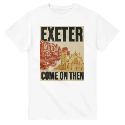 Two-colour scenic illustration for Exeter, with the place name and COME ON THEN lettering.