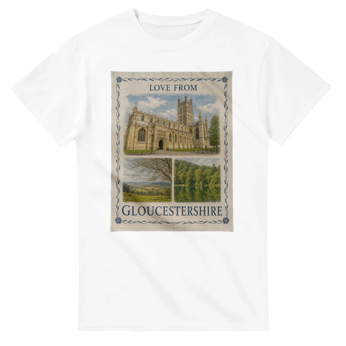 Framed scenic design for Gloucestershire, with several local views, a decorative border and LOVE FROM lettering.