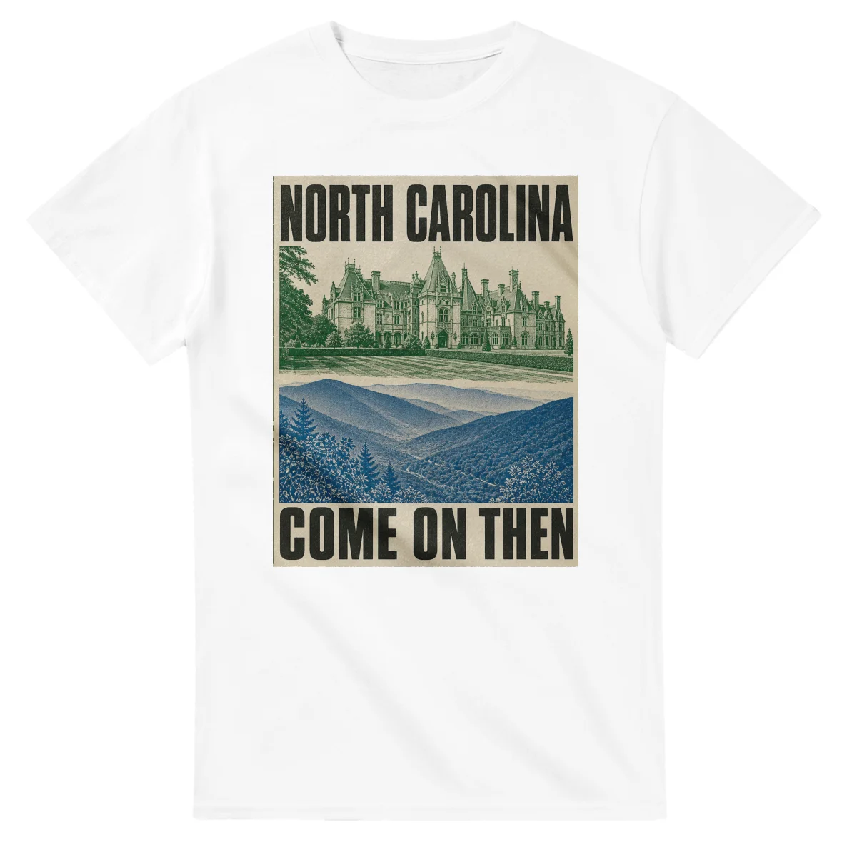 Two-colour scenic illustration for North Carolina, with the place name and COME ON THEN lettering.