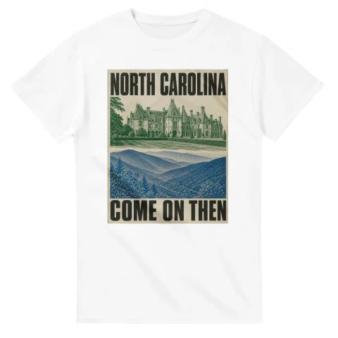 Two-colour scenic illustration for North Carolina, with the place name and COME ON THEN lettering.