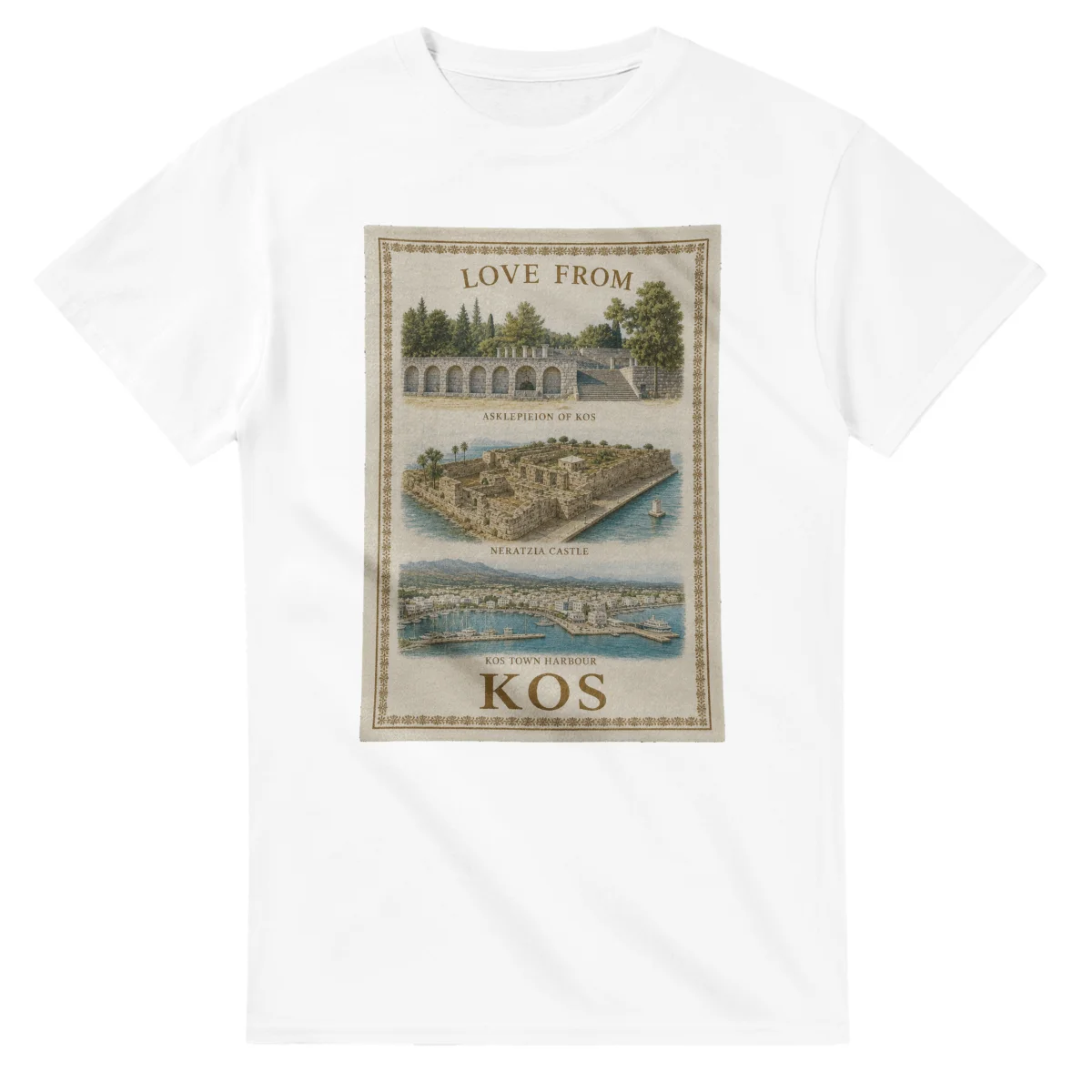Framed scenic design for Kos, with several local views, a decorative border and LOVE FROM lettering.