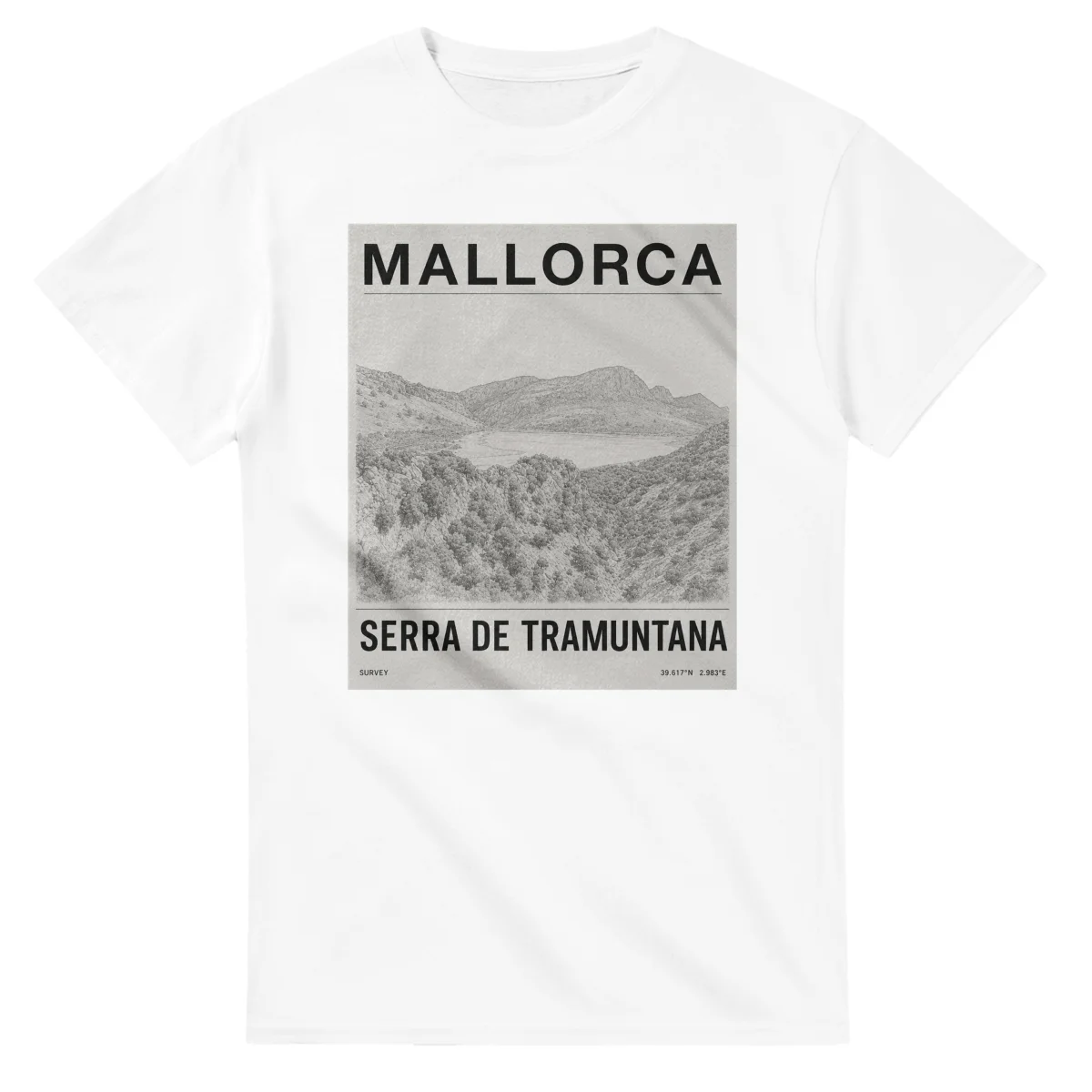 Fine-line engraving-style drawing for Mallorca, with a landmark caption and small coordinate text.