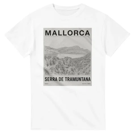 Fine-line engraving-style drawing for Mallorca, with a landmark caption and small coordinate text.