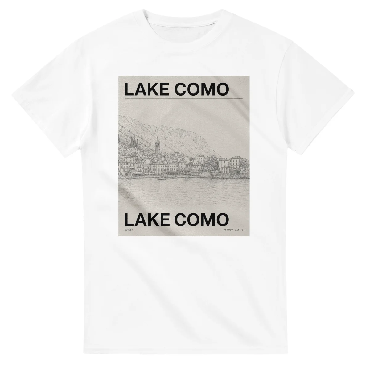 Fine-line engraving-style drawing for Lake Como, with a landmark caption and small coordinate text.