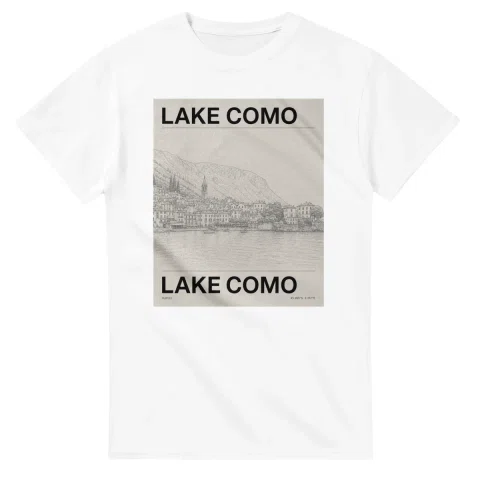 Fine-line engraving-style drawing for Lake Como, with a landmark caption and small coordinate text.