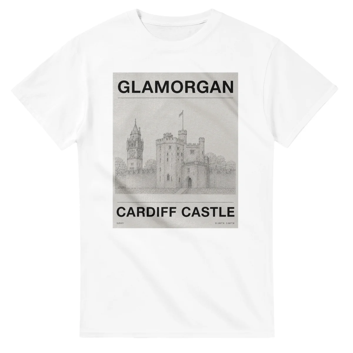 Fine-line engraving-style drawing for Glamorgan, with a landmark caption and small coordinate text.