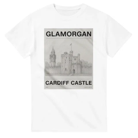 Fine-line engraving-style drawing for Glamorgan, with a landmark caption and small coordinate text.