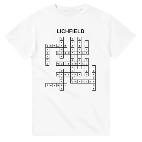 Monochrome crossword sheet for Lichfield, with a large place-name heading, a letter grid, and numbered across and down clues.