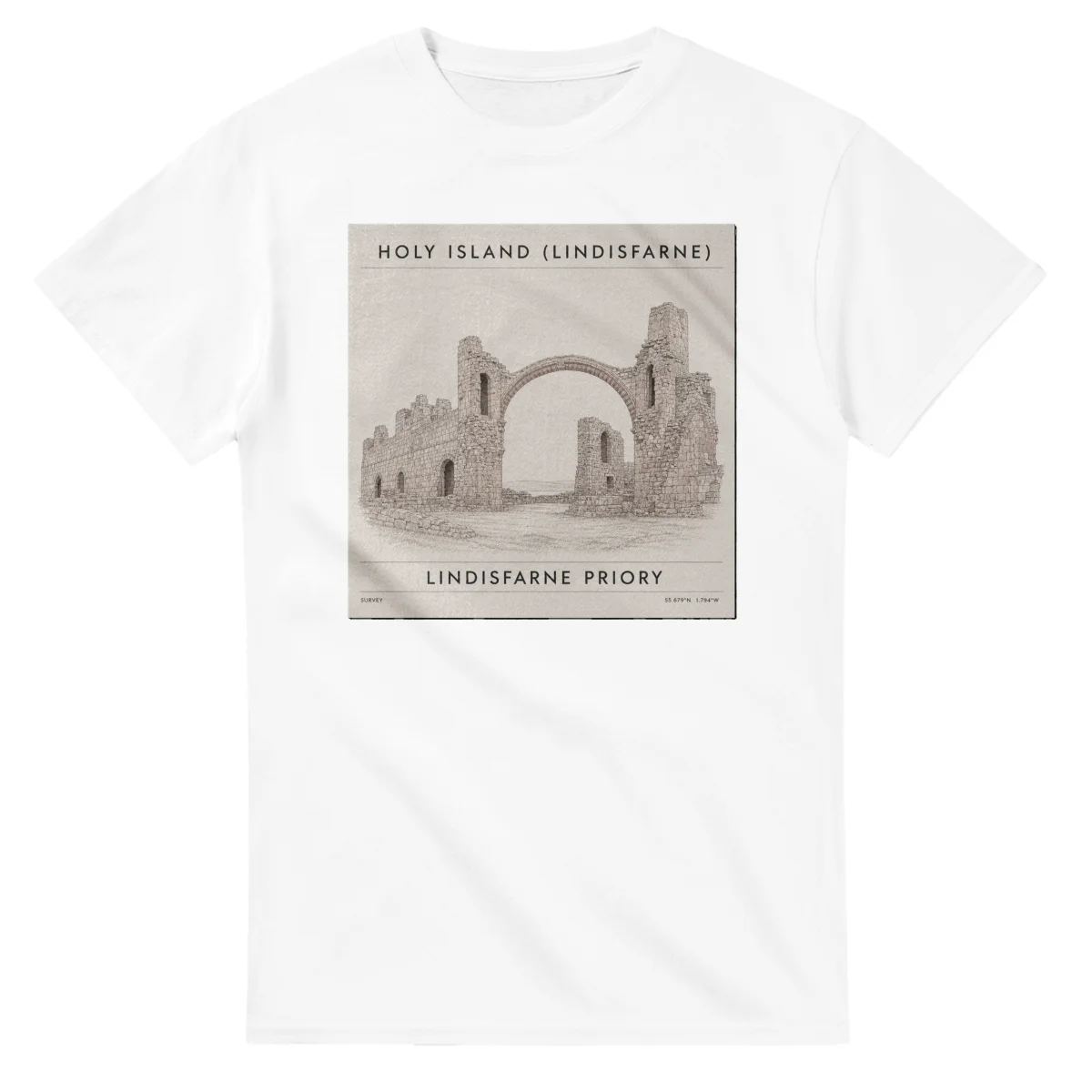 Fine-line engraving-style drawing for Holy Island (Lindisfarne), with a landmark caption and small coordinate text.