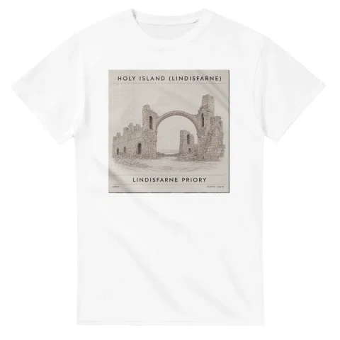 Fine-line engraving-style drawing for Holy Island (Lindisfarne), with a landmark caption and small coordinate text.
