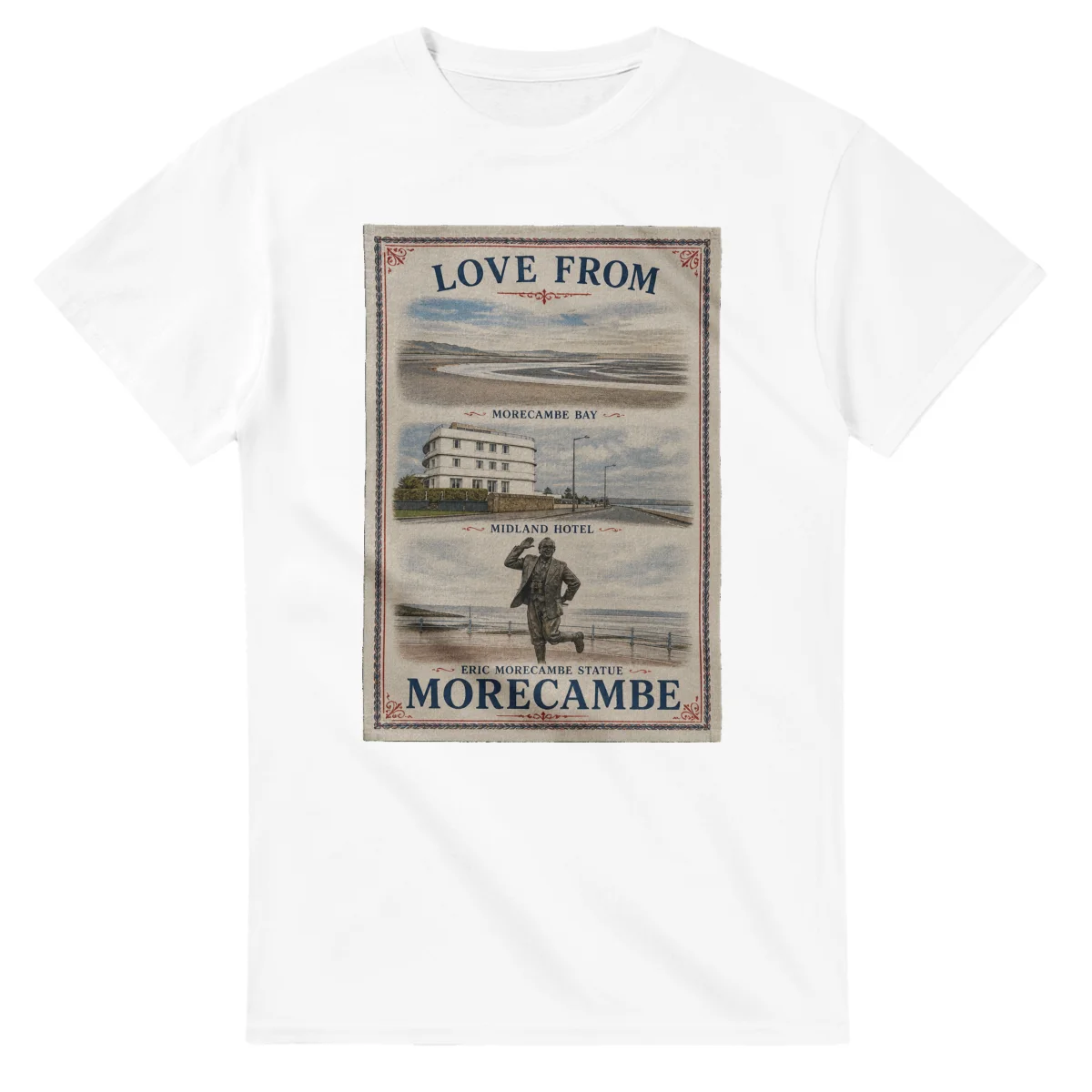 Framed scenic design for Morecambe, with several local views, a decorative border and LOVE FROM lettering.