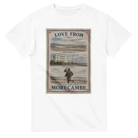Framed scenic design for Morecambe, with several local views, a decorative border and LOVE FROM lettering.