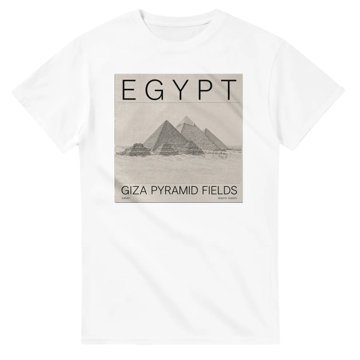 Fine-line engraving-style drawing for Egypt, with a landmark caption and small coordinate text.