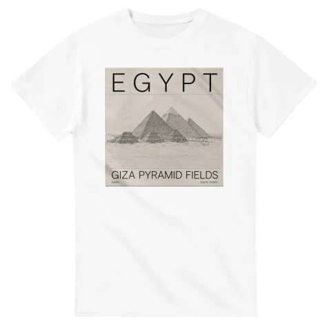 Fine-line engraving-style drawing for Egypt, with a landmark caption and small coordinate text.