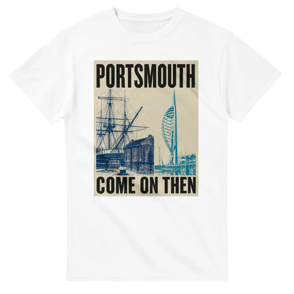 Two-colour scenic illustration for Portsmouth, with the place name and COME ON THEN lettering.